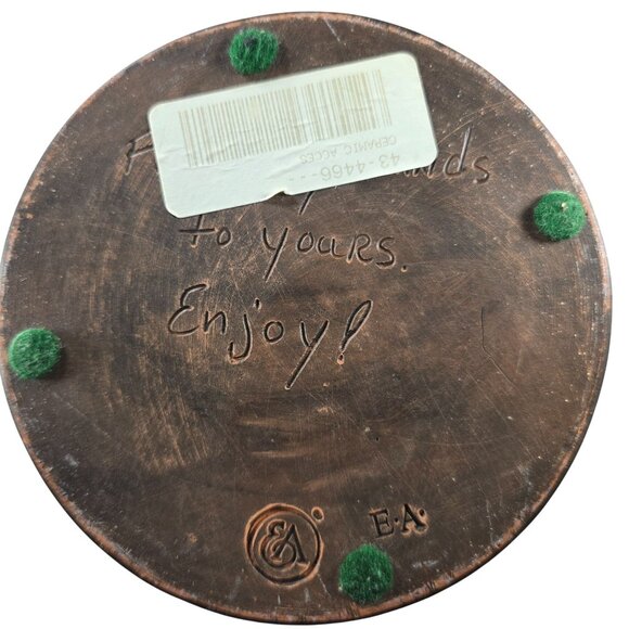 Handcrafted pitcher Green Ceramic olive brown rustic country inscribed initialed - Picture 6 of 9